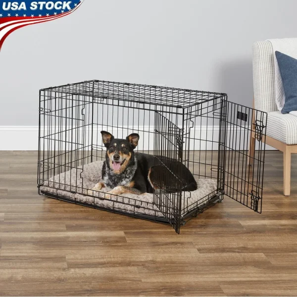 Double Door Metal Dog Crate Leak Proof Pan  Foldable with Rubber Feet