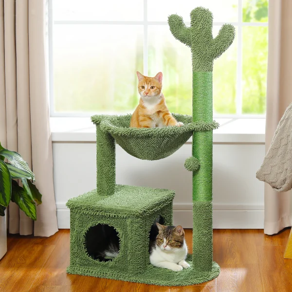 Cactus Cat Tree with Large Condo, Hammock, Dangling Ball with Cat Scratching Post